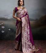 Wine color silk blend fabric woven designer partywear saree