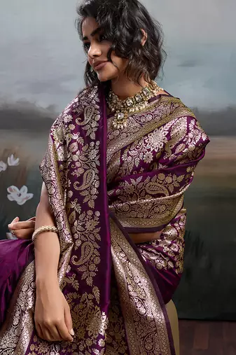 Wine silk blend woven partywear saree