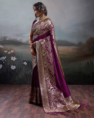 Wine silk blend woven partywear saree 4