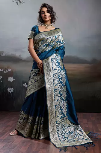 Nevy blue color silk blend fabric woven designer partywear saree