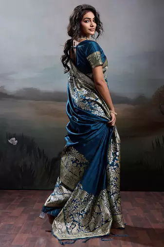 Nevy blue silk blend woven partywear saree
