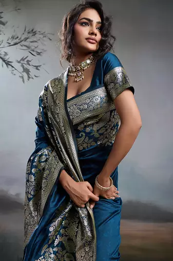 Nevy blue silk blend woven partywear saree