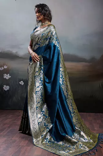 Nevy blue silk blend woven partywear saree