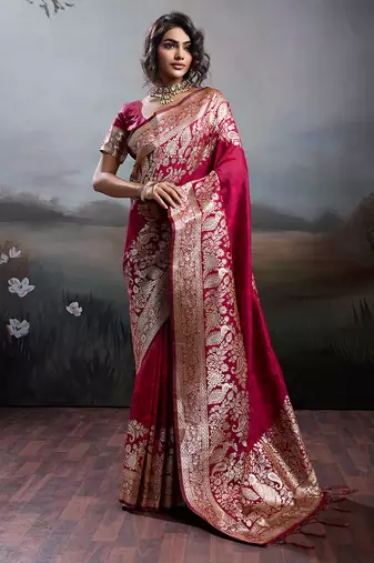 Maroon color silk blend fabric woven designer partywear saree