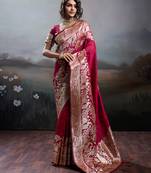 Maroon color silk blend fabric woven designer partywear saree