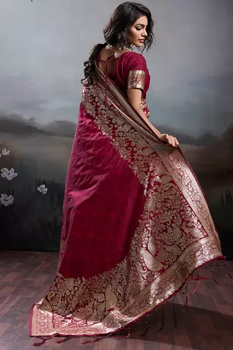 Maroon silk blend woven partywear saree