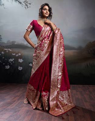 Maroon silk blend woven partywear saree 5