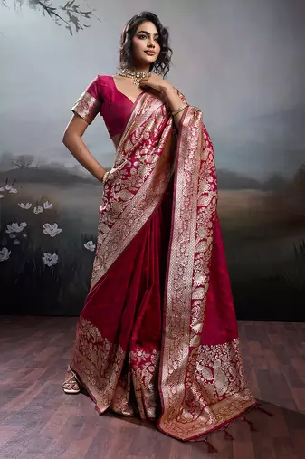 Maroon silk blend woven partywear saree