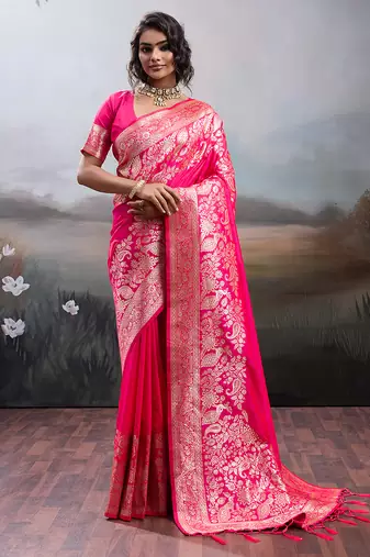 Pink color silk blend fabric woven designer partywear saree