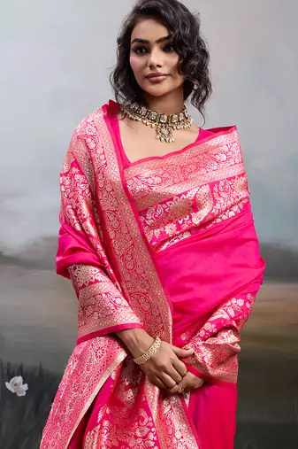 Pink silk blend woven partywear saree