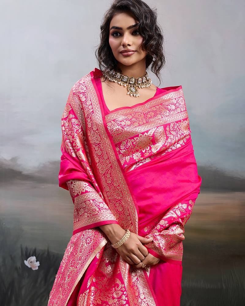 Pink color silk blend fabric woven designer partywear saree