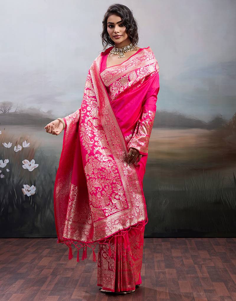 Pink color silk blend fabric woven designer partywear saree