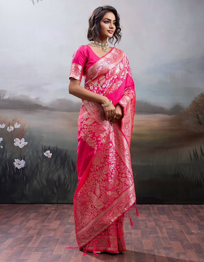 Pink color silk blend fabric woven designer partywear saree