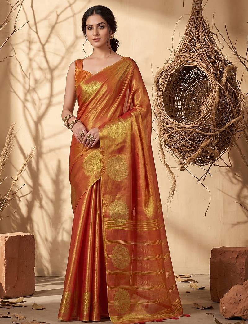 Rust color beautful woven designer ethnic partywear saree