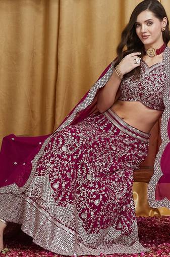 Women's Rani Pink Premium Georgette Embroidered Lehenga Choli with Dupatta