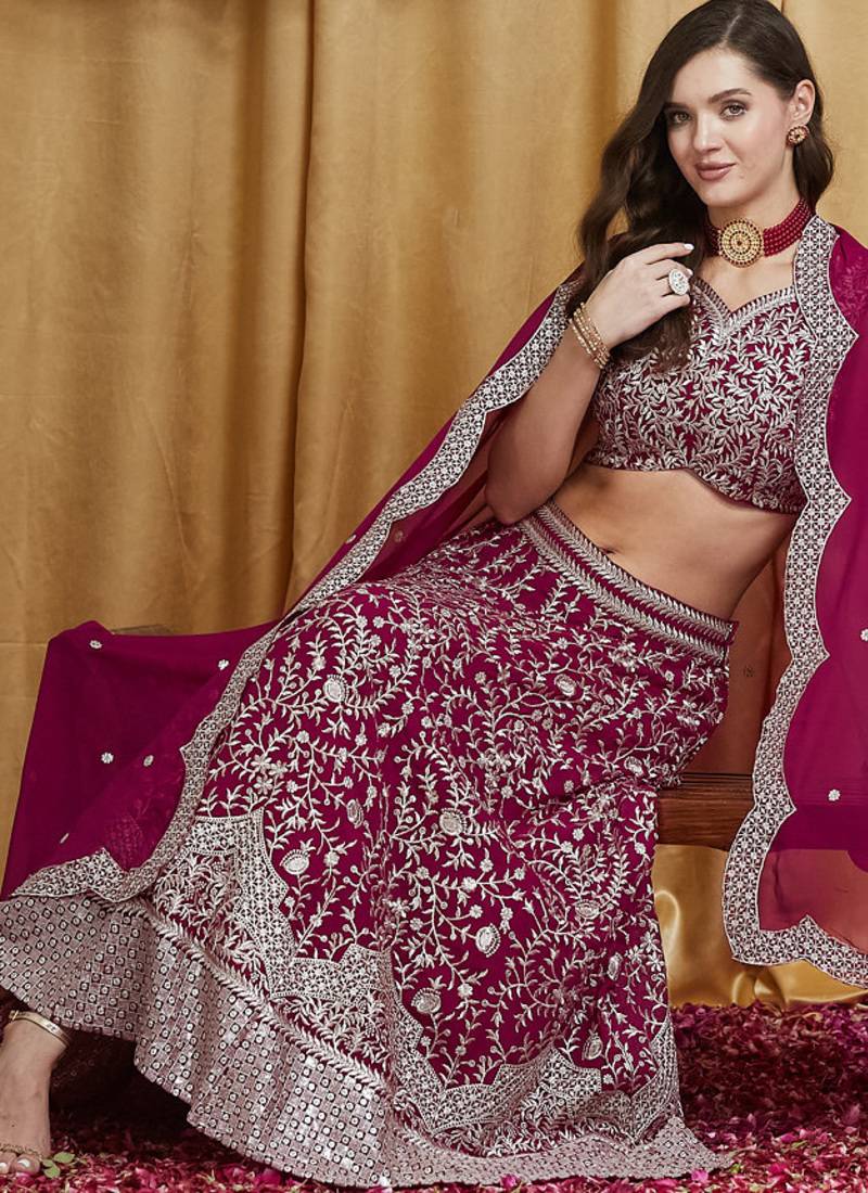 Women's Rani Pink Premium Georgette Embroidered Lehenga Choli with Dupatta