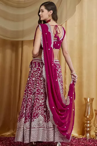 Women's Rani Pink Premium Georgette Embroidered Lehenga Choli with Dupatta