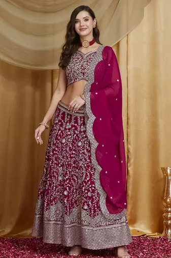 Women's Rani Pink Premium Georgette Embroidered Lehenga Choli with Dupatta