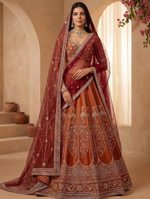Stylish Rust Orange Hand Work Bridal Lehenga Choli With Double Dupatta 1