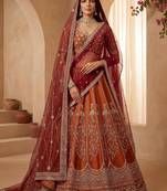 Stylish Rust Orange Hand Work Bridal Lehenga Choli With Double Dupatta