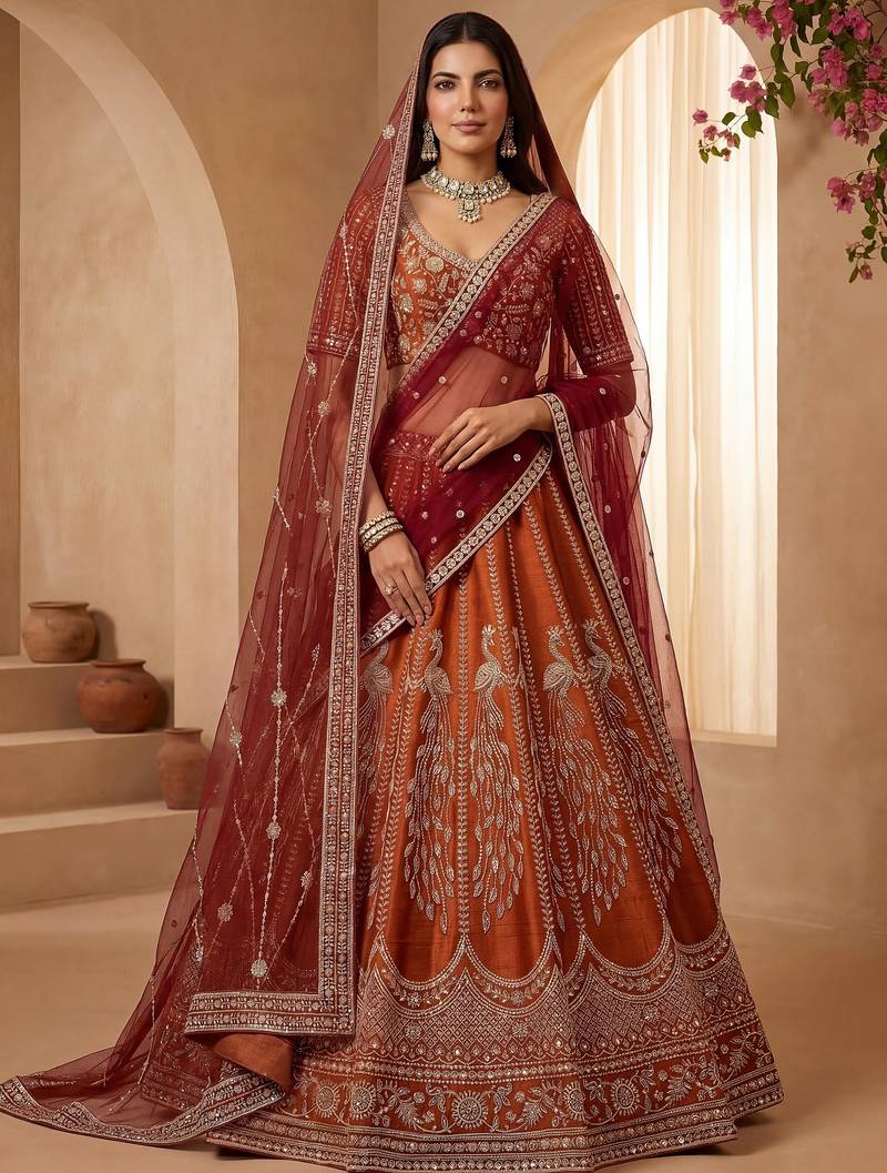 Stylish Rust Orange Hand Work Bridal Lehenga Choli With Double Dupatta