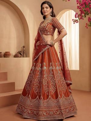 Stylish Rust Orange Hand Work Bridal Lehenga Choli With Double Dupatta 2