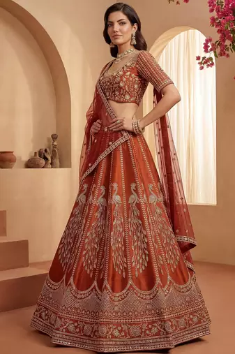 Stylish Rust Orange Hand Work Bridal Lehenga Choli With Double Dupatta