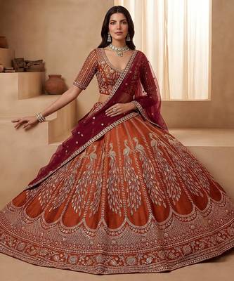Stylish Rust Orange Hand Work Bridal Lehenga Choli With Double Dupatta 3