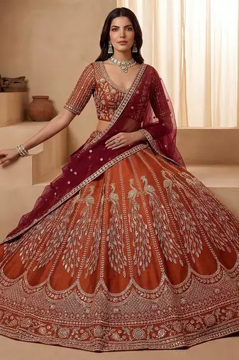 Stylish Rust Orange Hand Work Bridal Lehenga Choli With Double Dupatta