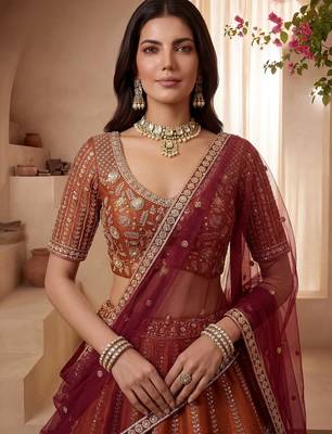 Stylish Rust Orange Hand Work Bridal Lehenga Choli With Double Dupatta 4