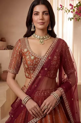 Stylish Rust Orange Hand Work Bridal Lehenga Choli With Double Dupatta