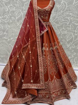 Stylish Rust Orange Hand Work Bridal Lehenga Choli With Double Dupatta 5