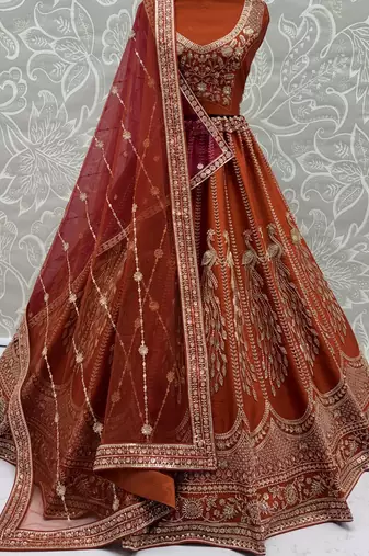 Stylish Rust Orange Hand Work Bridal Lehenga Choli With Double Dupatta