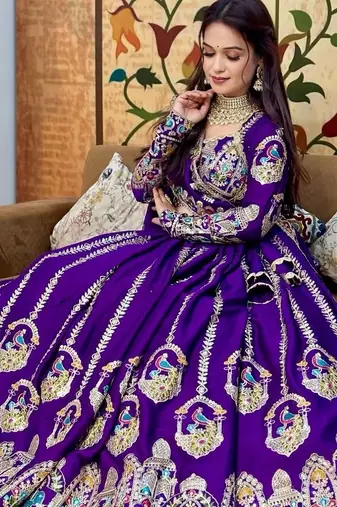 Purple Color Embroidery Coading Sequence and Thread Work Vichitra Lahenga Choli Set
