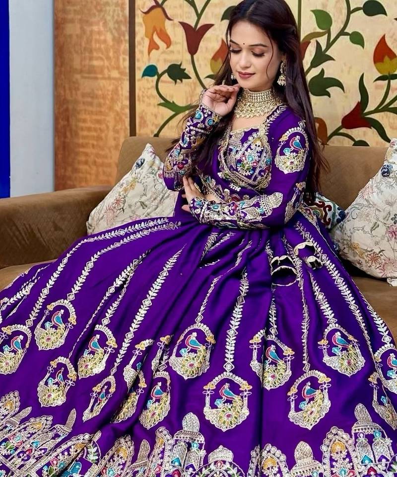 Purple Color Embroidery Coading Sequence and Thread Work Vichitra Lahenga Choli Set