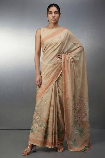 Beige woven floral & peacock motifs work silk blend fabric traditional elegant style