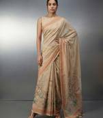 Beige woven floral & peacock motifs work silk blend fabric traditional elegant style