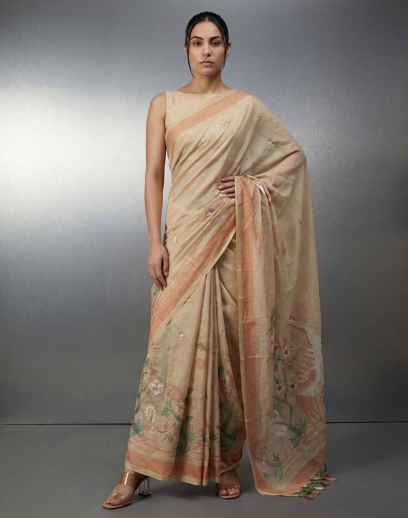 Beige woven floral & peacock motifs work silk blend fabric traditional elegant style