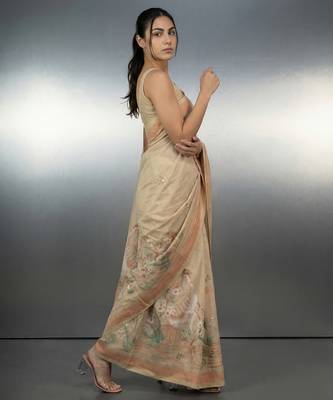 Beige woven floral & peacock motifs work silk blend fabric traditional elegant style 3