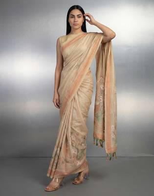 Beige woven floral & peacock motifs work silk blend fabric traditional elegant style 4