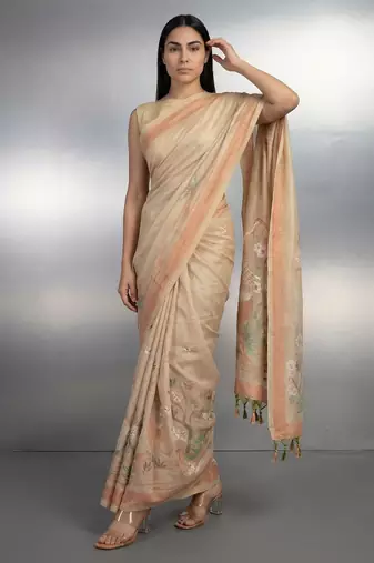 Beige woven floral & peacock motifs work silk blend fabric traditional elegant style