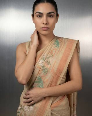 Beige woven floral & peacock motifs work silk blend fabric traditional elegant style 5