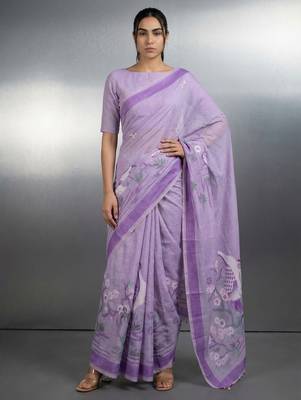 Lavender woven floral & peacock motifs work silk blend fabric traditional elegant style 1
