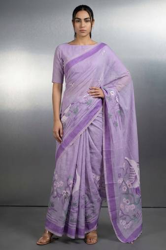 Lavender woven floral & peacock motifs work silk blend fabric traditional elegant style