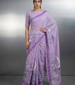 Lavender woven floral & peacock motifs work silk blend fabric traditional elegant style