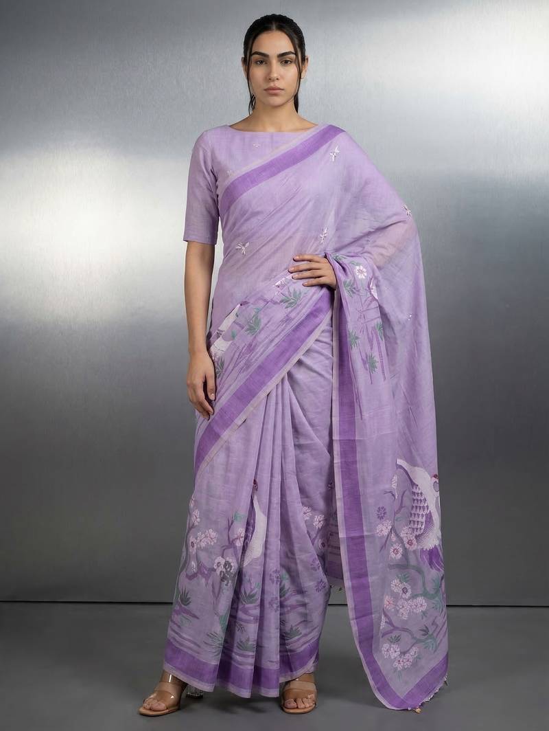 Lavender woven floral & peacock motifs work silk blend fabric traditional elegant style
