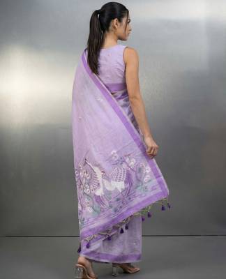 Lavender woven floral & peacock motifs work silk blend fabric traditional elegant style 2