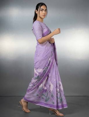 Lavender woven floral & peacock motifs work silk blend fabric traditional elegant style 3