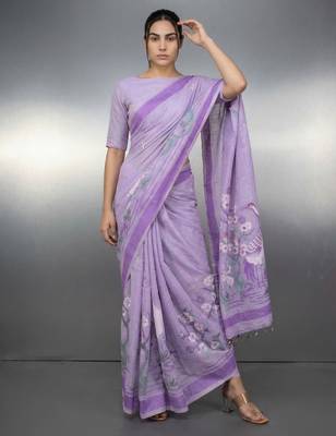 Lavender woven floral & peacock motifs work silk blend fabric traditional elegant style 4