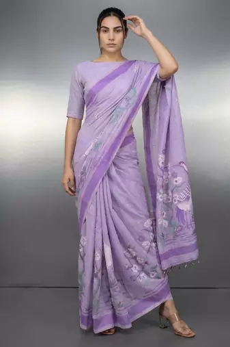 Lavender woven floral & peacock motifs work silk blend fabric traditional elegant style